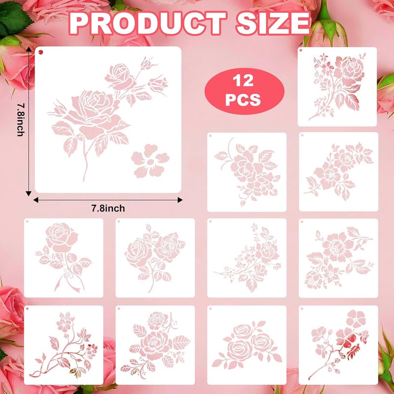 Resflyar 12 PCS Rose Flower Stencils Reusable Rose Cherry Blossom Templates, Plastic Floral Pattern Stencils for Painting on Wood Floor Wall DIY Crafts Home Decorations 7.8 X 7.8 Inch - Image 2